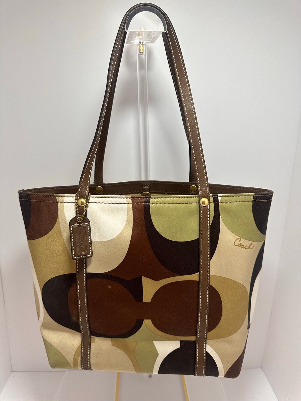 Coach Vintage Scarf Print Sateen Tote Brown Green Leather C0768-11116